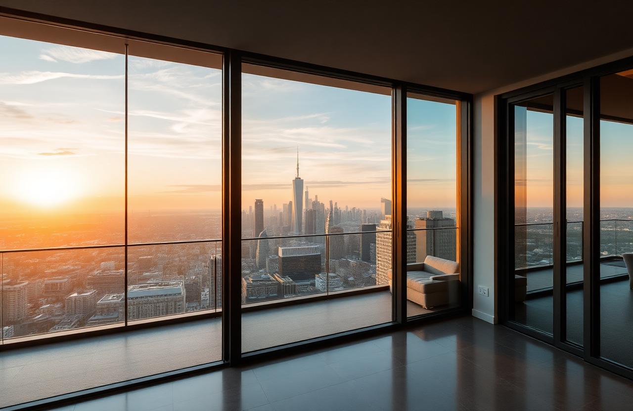 FenzoPro slim-profile aluminium sliding doors framing a city skyline